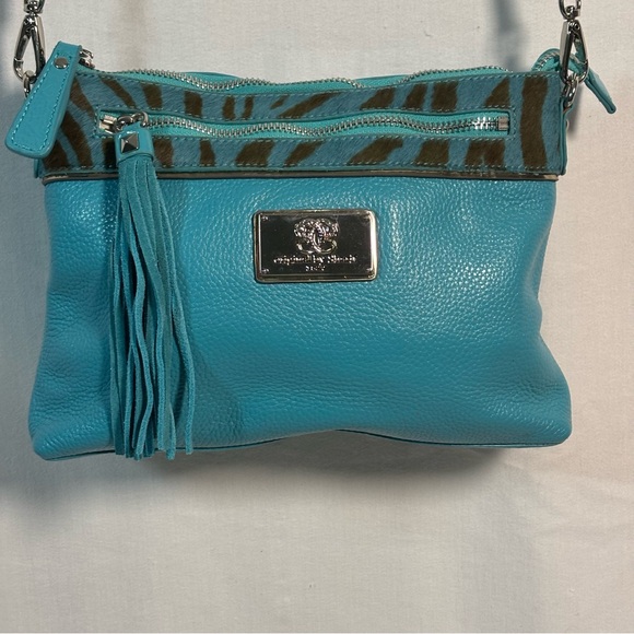 Vintage Original By Sharif Blue Leather / Fur Crossbody Bag with tassel - Picture 1 of 7